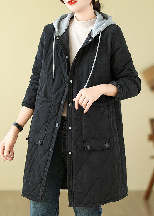 Casual Black Pockets Fine Cotton Filled Hooded Coat Winter