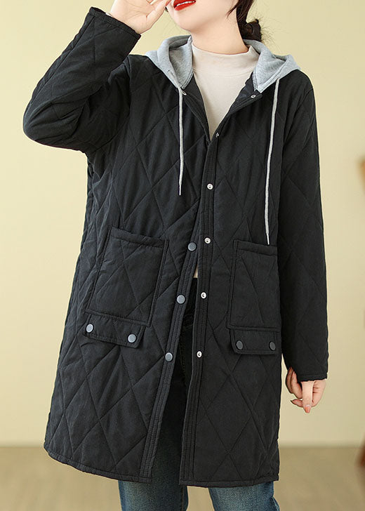 Casual Black Pockets Fine Cotton Filled Hooded Coat Winter