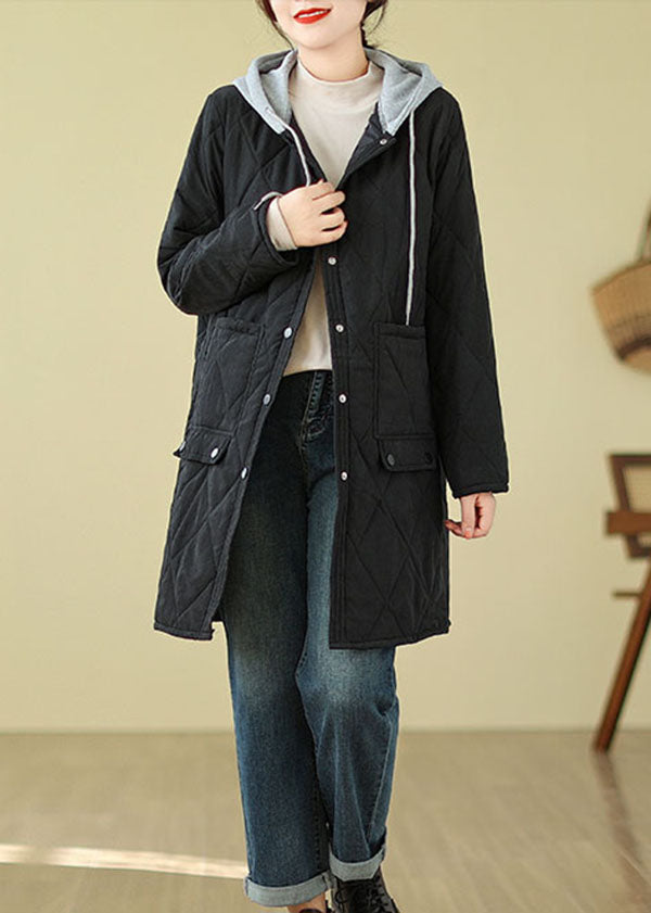 Casual Black Pockets Fine Cotton Filled Hooded Coat Winter