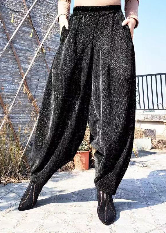 Casual Black Pockets High Waist Cotton Lantern Pants Spring