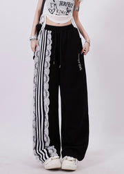 Casual Black Pockets High Waist Lace Up Patchwork Pants Summer