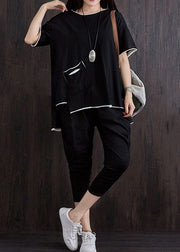 Casual Black Pockets Patchwork Tops And Pants Cotton Two Piece Suit Set Summer