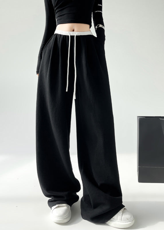 Casual Black Pockets Tie Waist Wide Leg Pants Spring