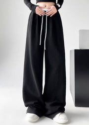 Casual Black Pockets Tie Waist Wide Leg Pants Spring