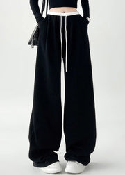 Casual Black Pockets Tie Waist Wide Leg Pants Spring