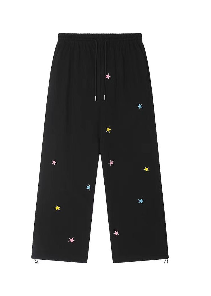 Casual Black Pockets Tiny Spot Print Drawstring Cotton Wide Leg Pants Spring