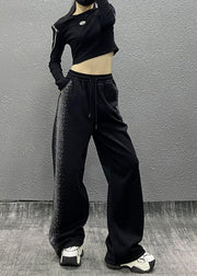 Casual Black Pockets Zircon Elastic Waist Cotton Pants Spring