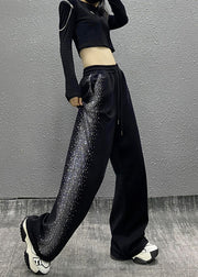 Casual Black Pockets Zircon Elastic Waist Cotton Pants Fall