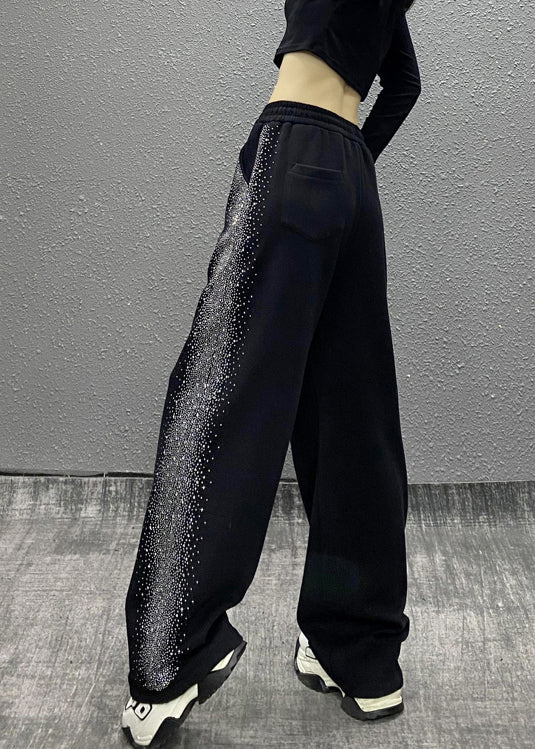 Casual Black Pockets Zircon Elastic Waist Cotton Pants Spring