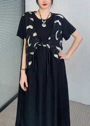 Casual Black Print Button Fake Two Pieces Long Dress Short Sleeve