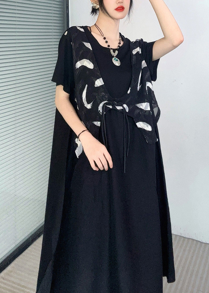 Casual Black Print Button Fake Two Pieces Long Dress Short Sleeve