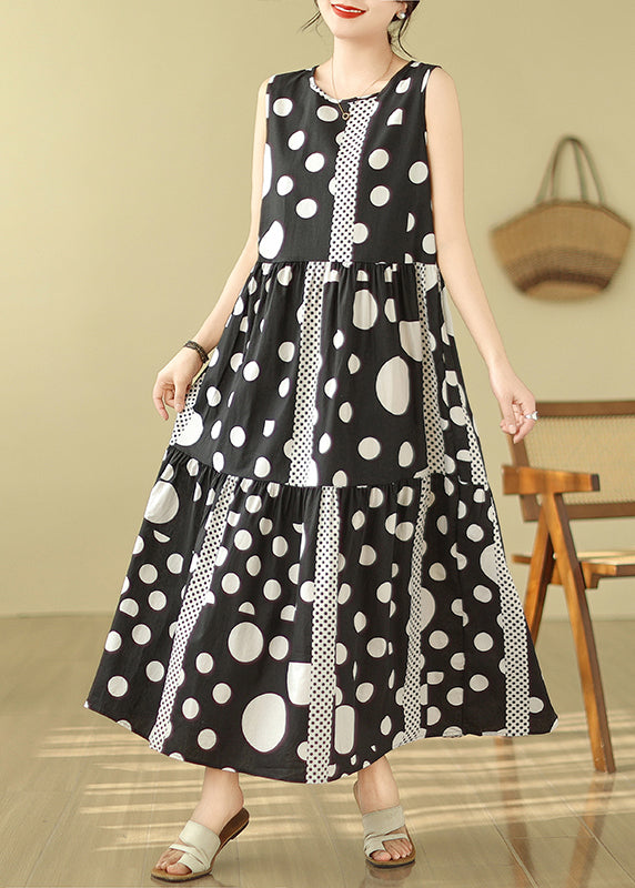 Casual Black Print Exra Large Hem Cotton Long Dress Sleeveless