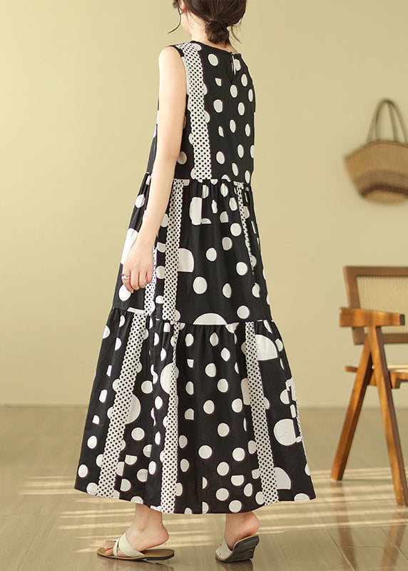 Casual Black Print Exra Large Hem Cotton Long Dress Sleeveless