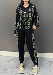 Casual Black Print Hooded Top And Beam Pants Two Pieces Set Spring