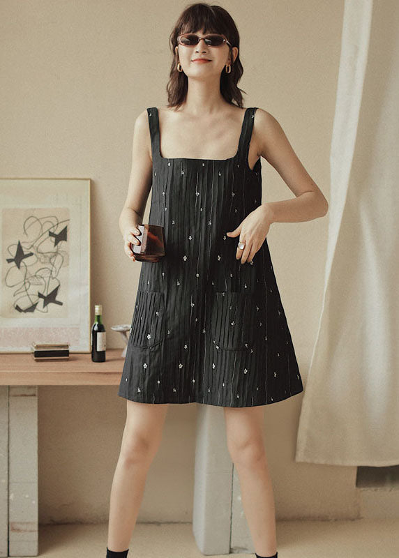 Casual Black Print Pockets Cotton Strap Dress Sleeveless