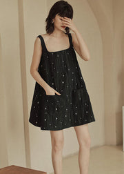 Casual Black Print Pockets Cotton Strap Dress Sleeveless