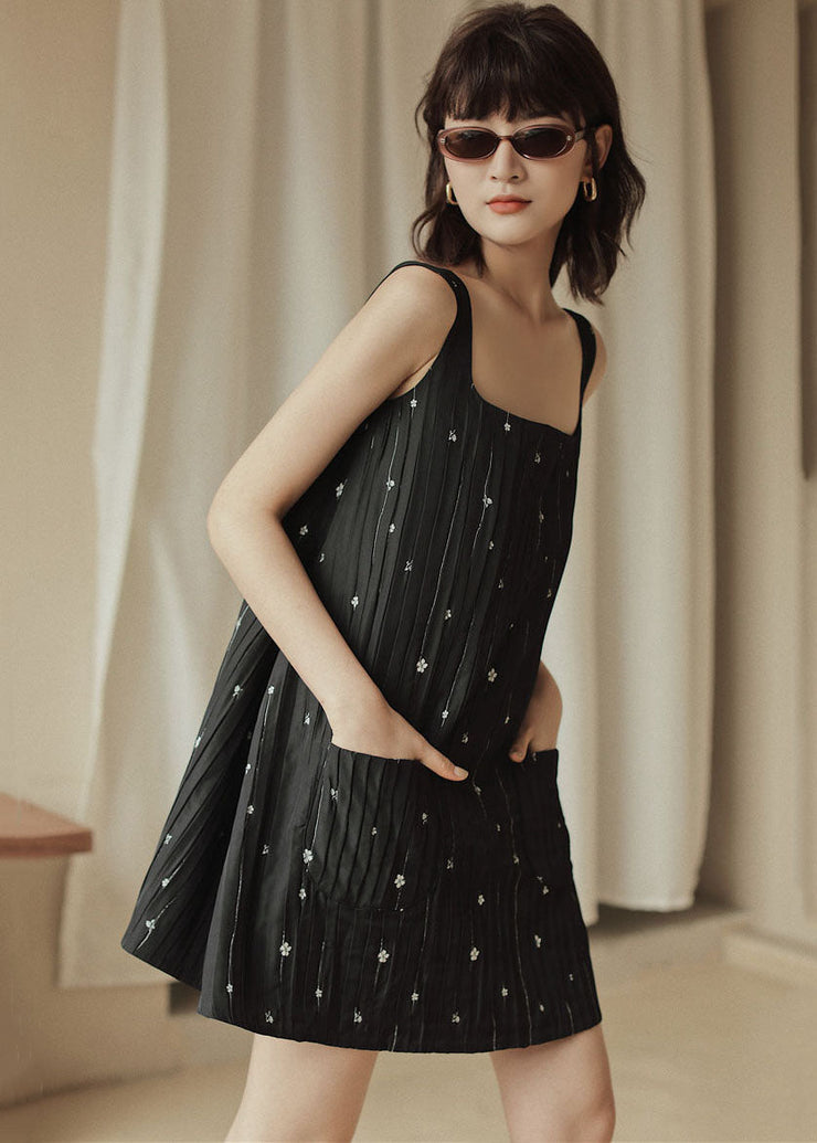 Casual Black Print Pockets Cotton Strap Dress Sleeveless