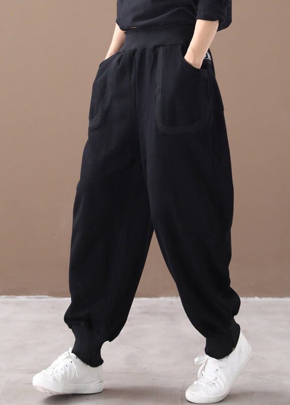 Casual Black Print Pockets Elastic Waist Cotton Beam Pants Fall