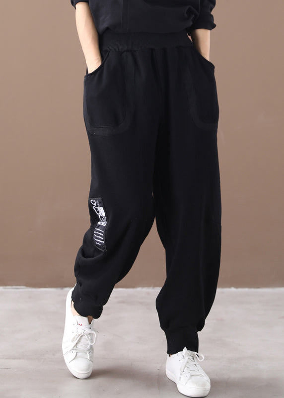 Casual Black Print Pockets Elastic Waist Cotton Beam Pants Fall