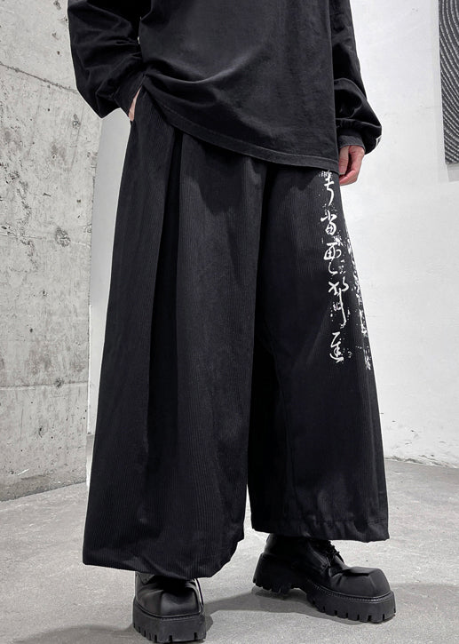 Casual Black Print Pockets Elastic Waist Cotton Mens Wide Leg Pants Fall