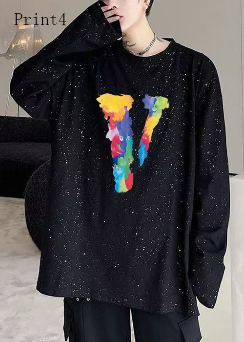 Casual Black Print Sequins Cotton Men T Shirt Spring