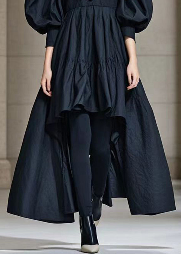 Casual Black Puff Sleeve Low High Design Cotton Maxi Dress