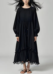 Casual Black Ruffled Lace Patchwork Cotton Dresses Long Sleeve