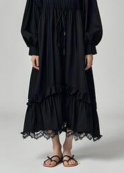Casual Black Ruffled Lace Patchwork Cotton Dresses Long Sleeve