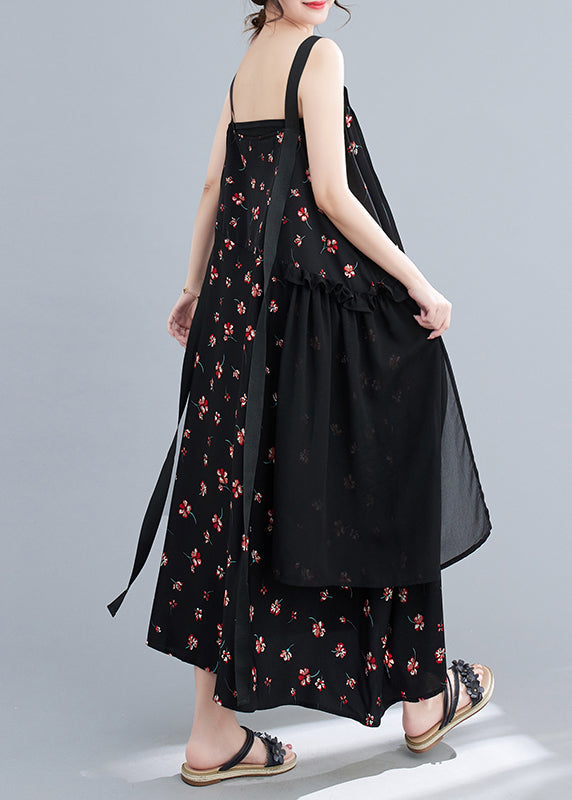 Casual Black Ruffled Patchwork Print Chiffon Strap Dress Summer