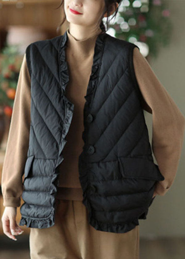 Casual Black Ruffled Solid Thick Duck Down Vest Tops Winter