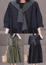 Casual Black Sailor Collar Patchwork Cotton Pleated Dress Half Sleeve