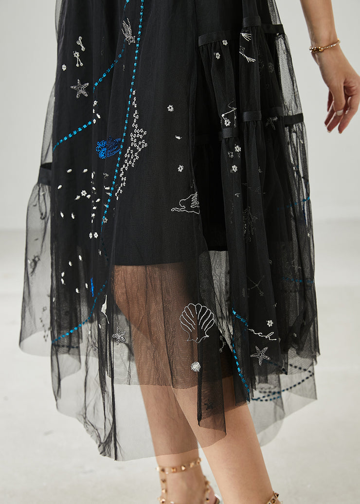 Casual Black Sequins Rhinestone Tulle Skirts Summer