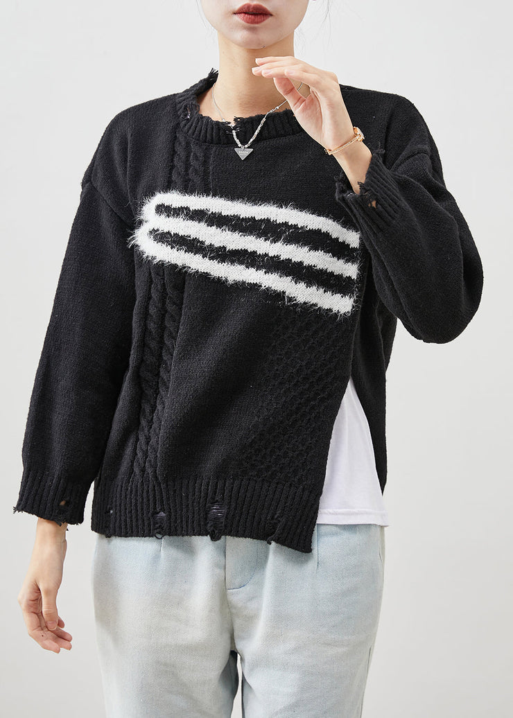 Casual Black Side Open Knit Ripped Sweaters Winter