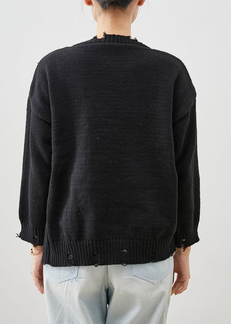 Casual Black Side Open Knit Ripped Sweaters Winter