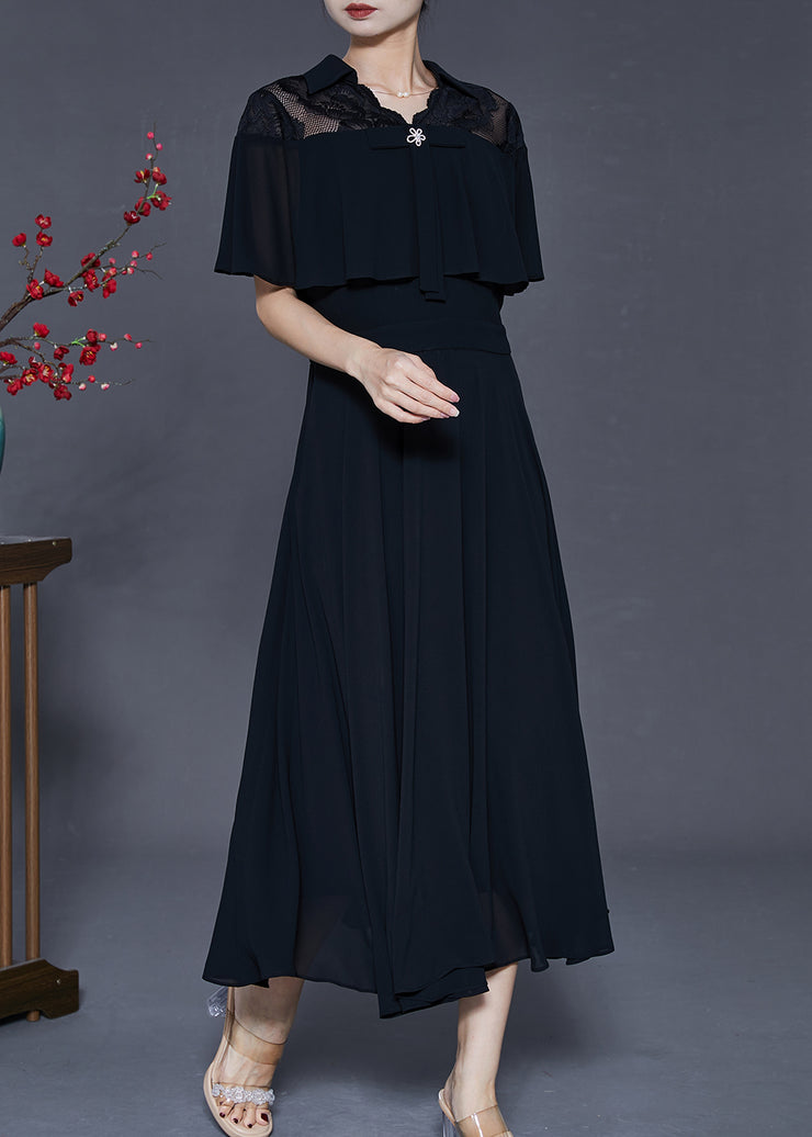 Casual Black Silm Fit Exra Large Hem Chiffon Dress Cloak Sleeves