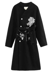 Casual Black Stand Collar Embroideried Tie Waist Button Thick Woolen Long Trench Coat Winter