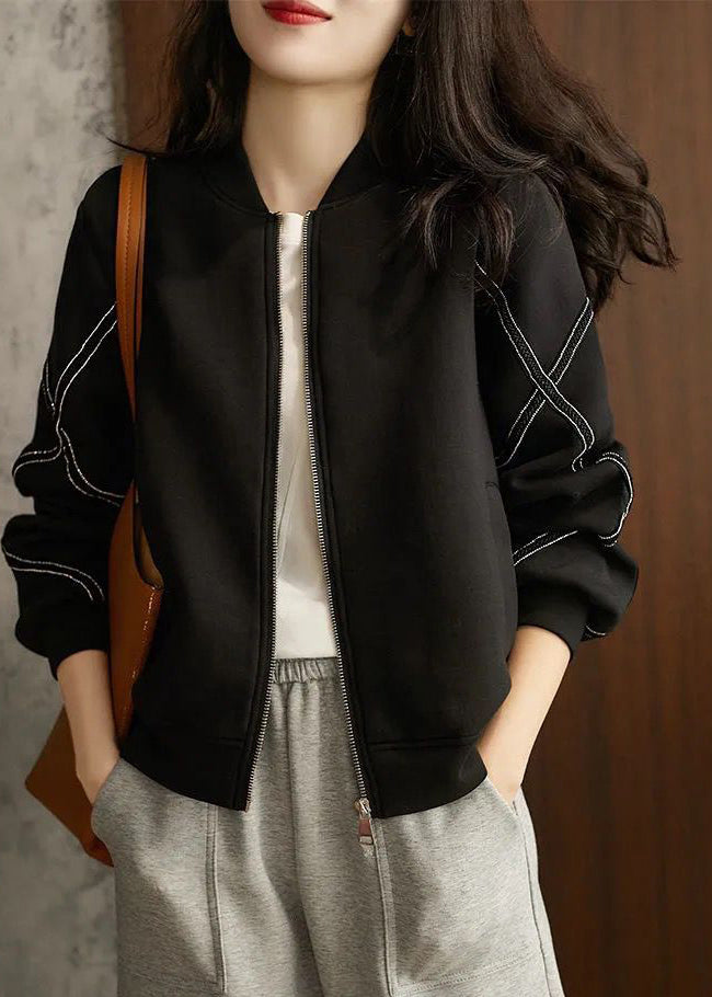 Casual Black Stand Collar Oversized Cotton Jackets Fall