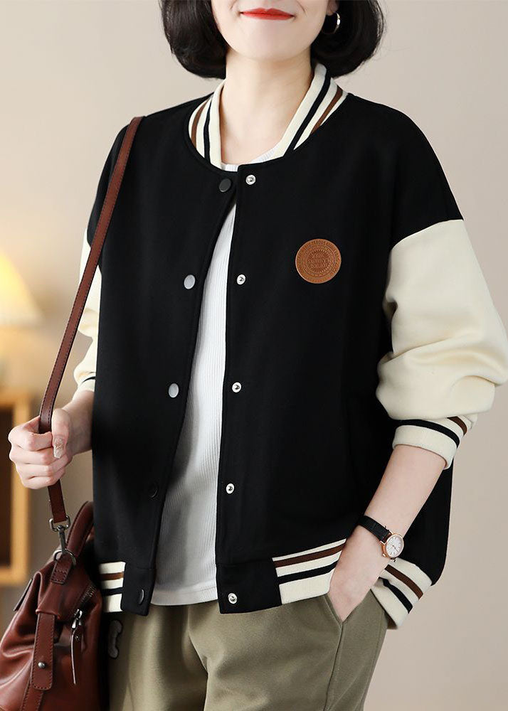 Casual Black Stand Collar Oversized Patchwork Cotton Coats Spring