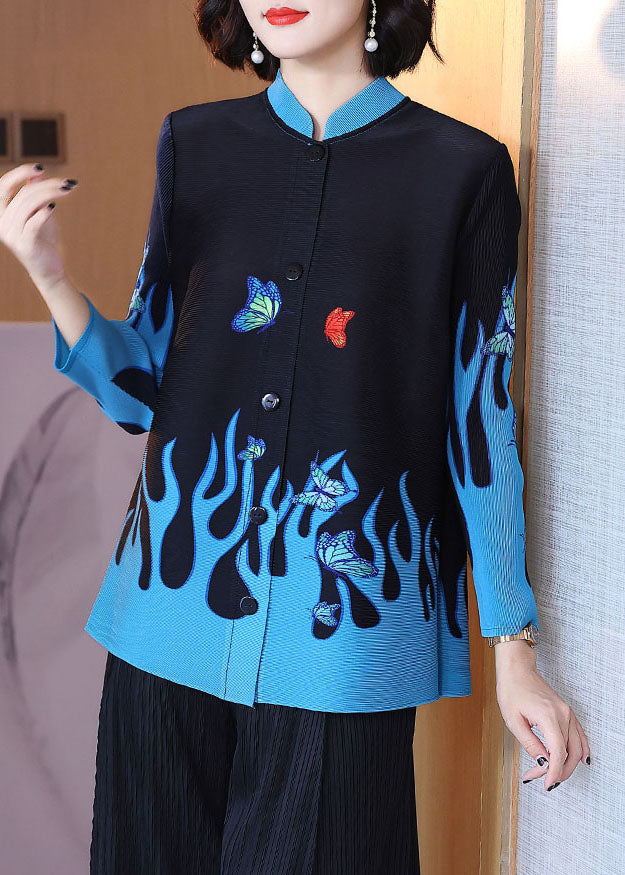 Casual Black Stand Collar Print Button Shirt Long Sleeve