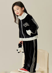 Casual Black Stand Collar Silk Velour Kids Coats And Pants Two Pieces Set Spring