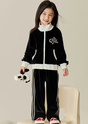 Casual Black Stand Collar Silk Velour Kids Coats And Pants Two Pieces Set Spring