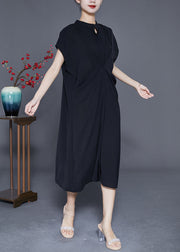 Casual Black Stand Collar Wrinkled Spandex Long Dresses Summer