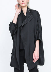 Casual Black Stand Collar Zippered Batwing Trench Coats Long Sleeve