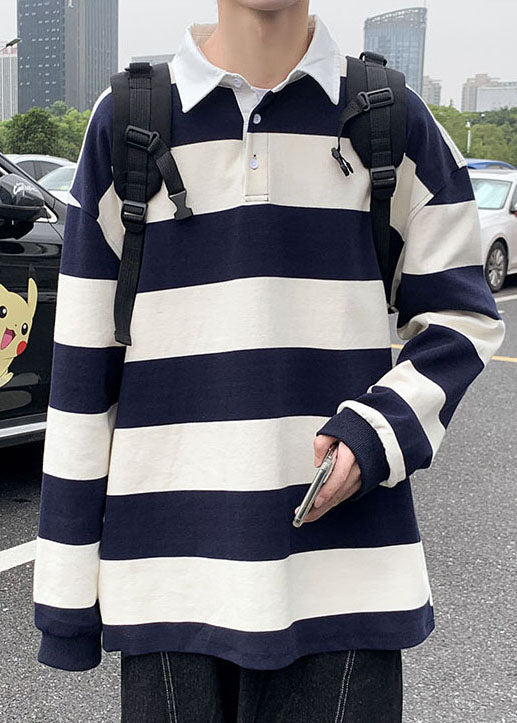 Casual Black Striped Cotton Mens Polo Shirt Designer Spring