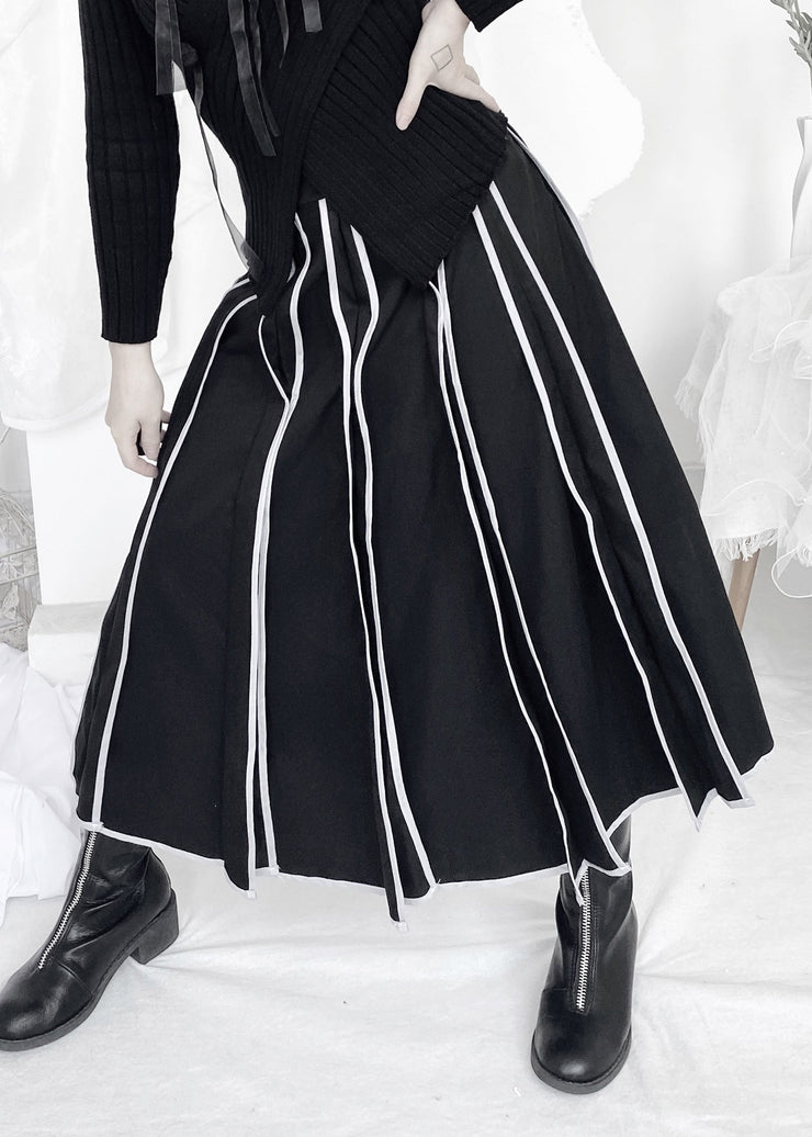 Casual Black Striped Patchwork Elastic Waist A Line Skirt Fall