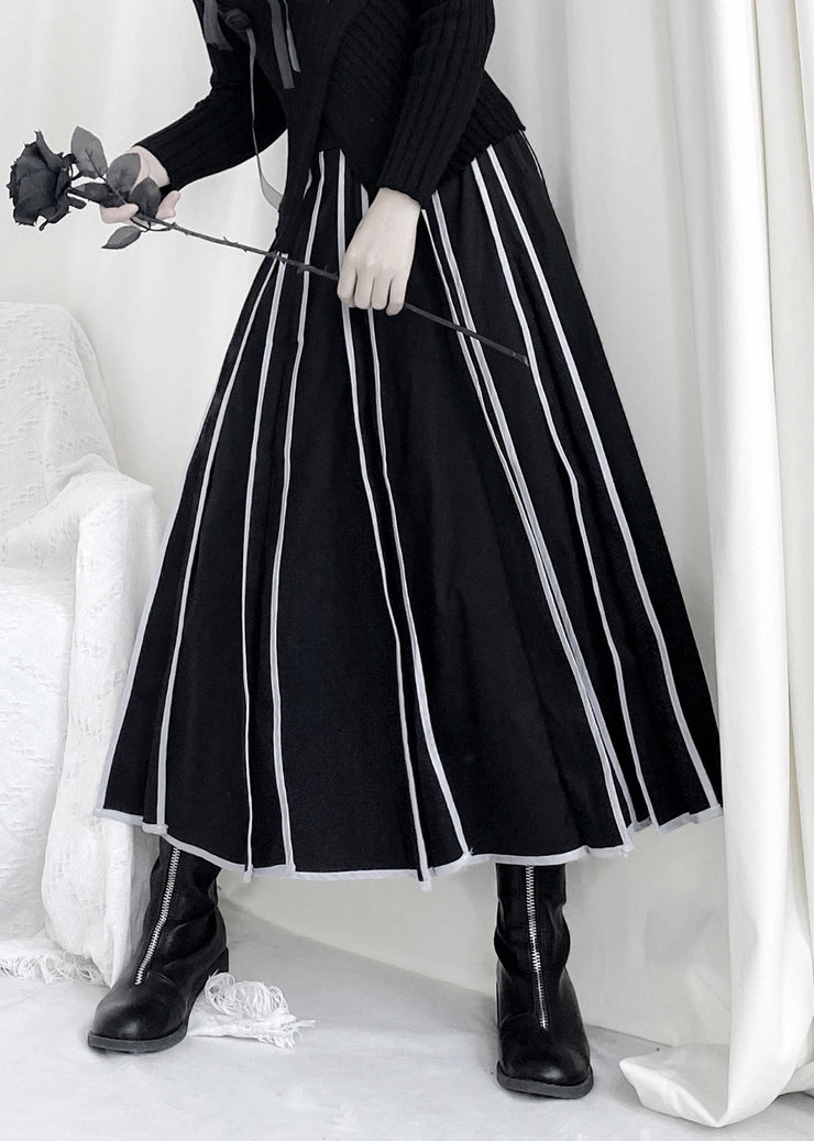 Casual Black Striped Patchwork Elastic Waist A Line Skirt Fall