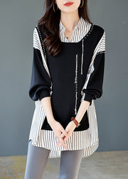 Casual Black Striped Patchwork Low High Design Fake Two Pieces Shirt Long Sleeve