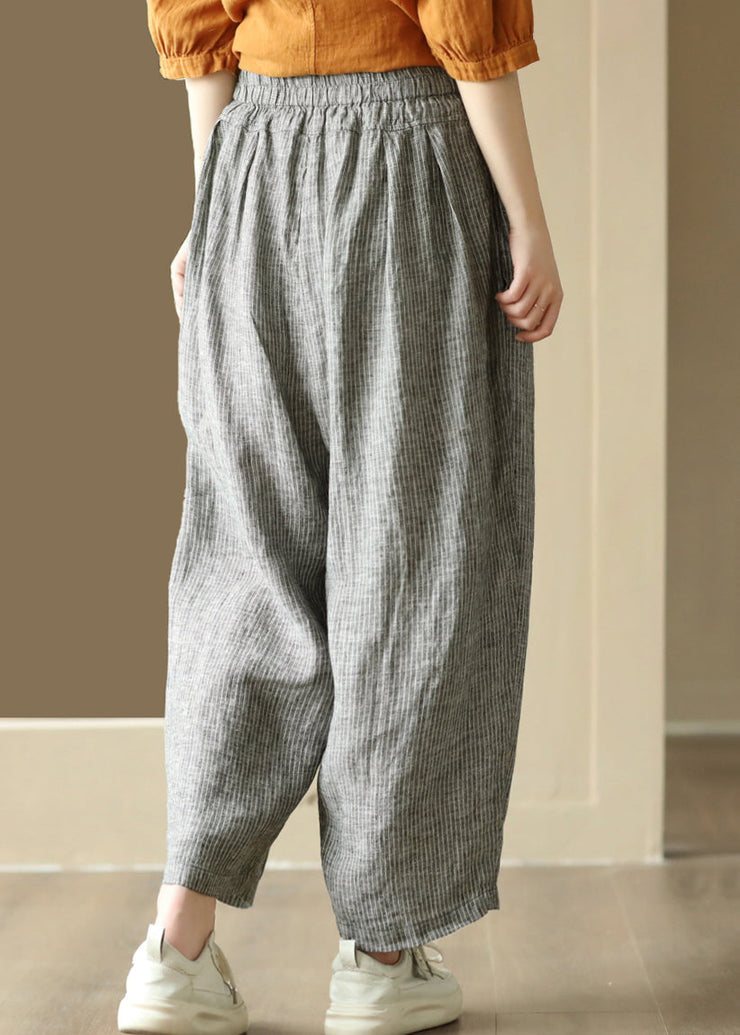 Casual Black Striped Pockets Elastic Waist Linen Harem Pants Summer