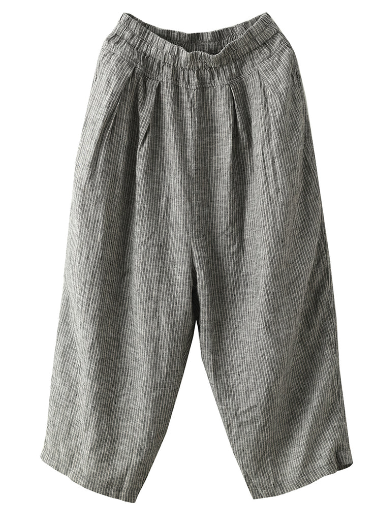 Casual Black Striped Pockets Elastic Waist Linen Harem Pants Summer