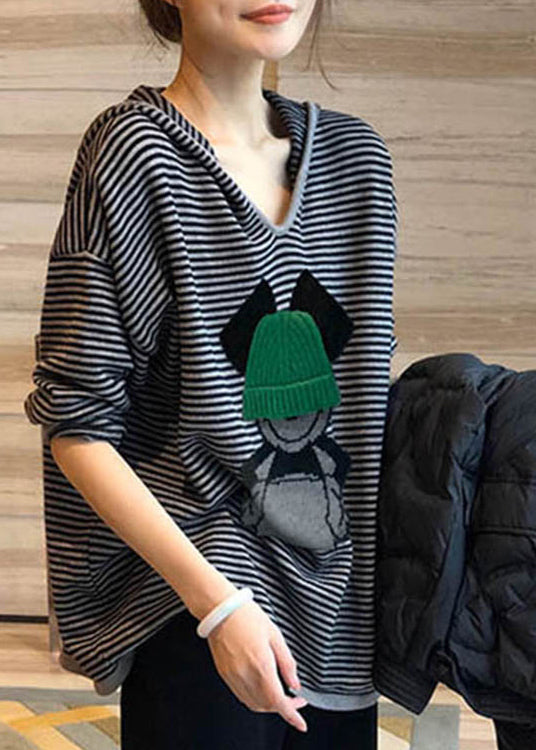 Casual Black Striped Print Hooded Patchwork Cotton Top Fall